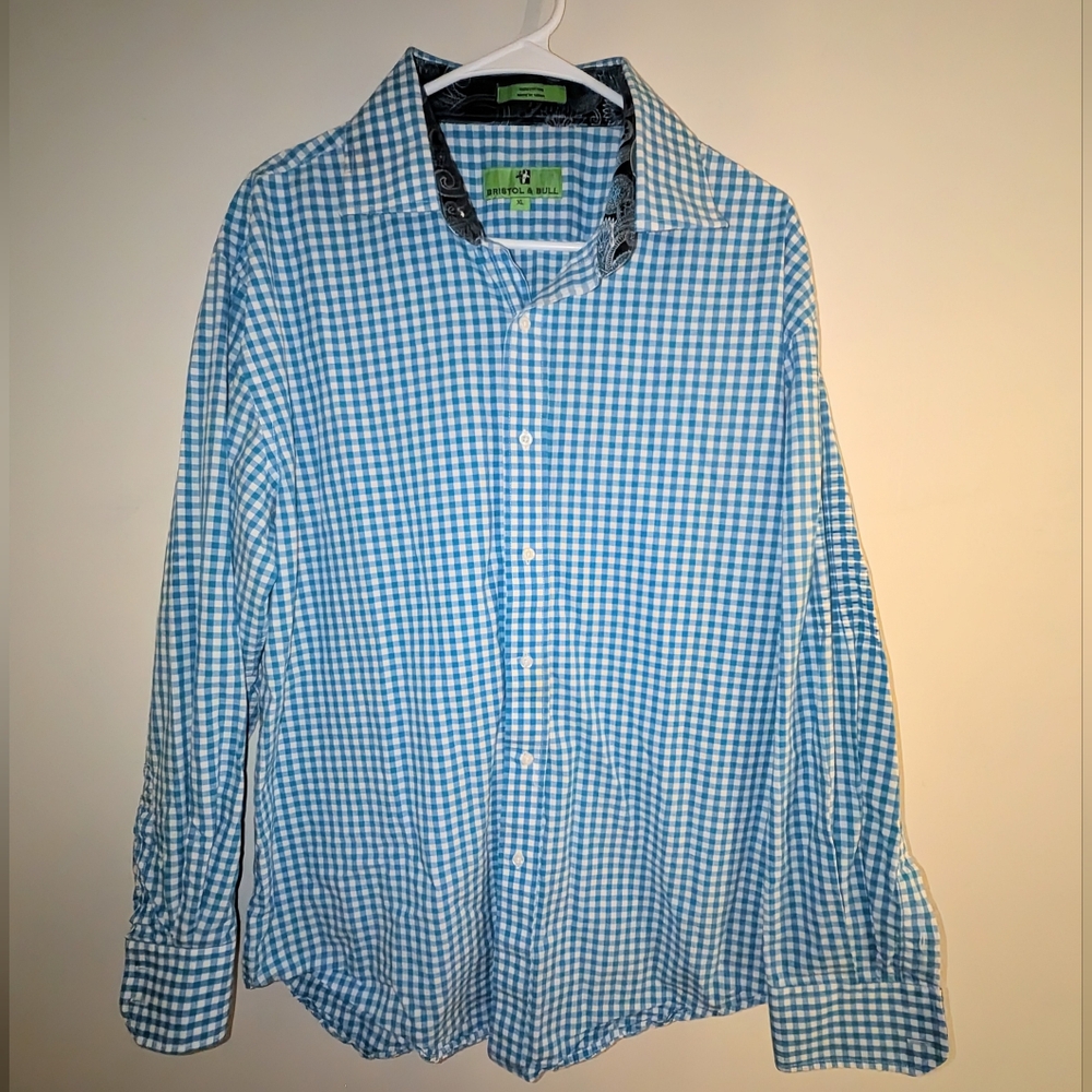 Bristol & Bull XL Blue Checkered Men's Shirt With Paisley Print At Neck & Cuffs